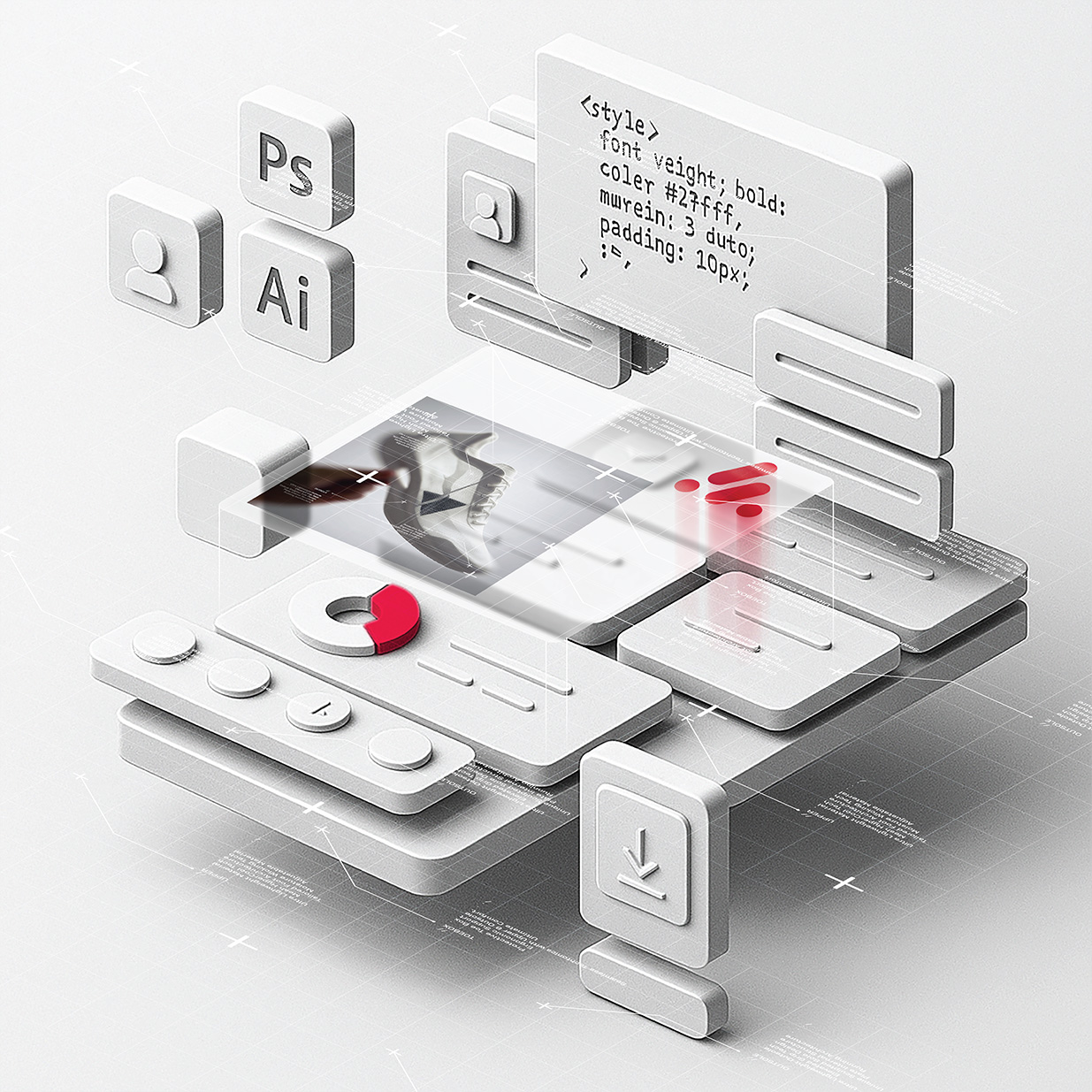 3D-rendered interface showing modular UI blocks, Adobe Illustrator and Photoshop icons, code snippets, data graphs, and a sneaker rendering—illustrating seamless plugin-based design integration.
